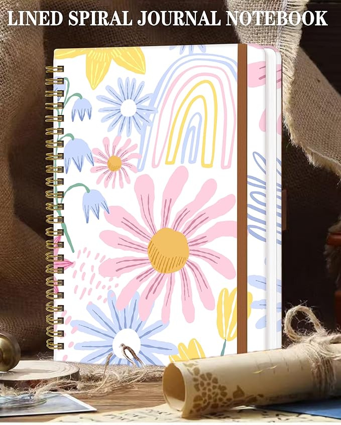 Spiral Journal Notebook for Women, Hardcover A5 College Ruled Notebook, 120 Pages, Thick Paper, Cute Lined Journal for School, Office & Work, 6 x 8.4 in(Spring Flower)
