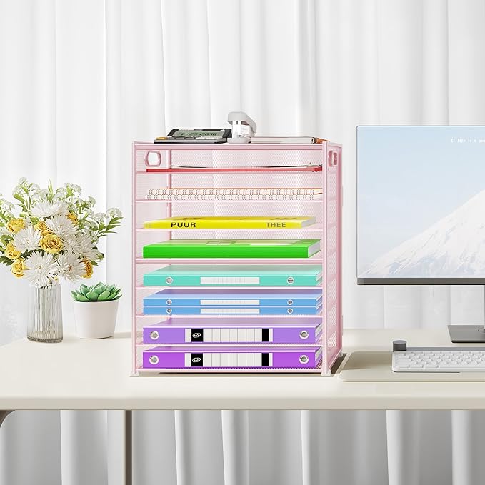 9 Tier Paper Organizer with Handle, Large Capacity Desk Organizer Mesh Paper Letter Tray File Folder Document Sorter for Classroom and Office Accessories Organization- Pink (2 Pack)
