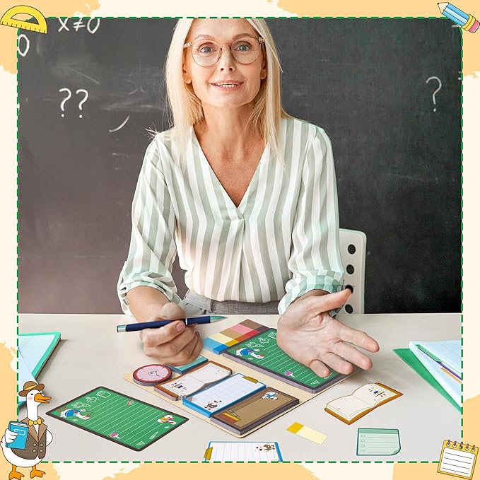 B1ykin Sticky Notes Set, Cartoon Theme Cute Self-Stick Notes Pad Teacher Appreciation Gifts， Self-Adhesive Writing Memo Pages Sticky to Do Notepad Thank You Gift for School Classroom (Goose Teacher)