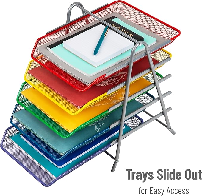 Mind Reader 5-Tier Paper Tray Organizer with Multicolor Trays, Classroom File Organizer for Teachers, Metal Mesh, Assorted Colors