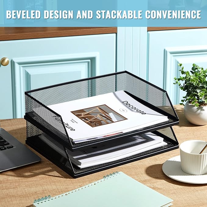 Hicarer 2 Pcs Black Metal Letter Tray Stackable Desk Tray Single Wire Mesh Organizer Front Load File Paper Holder for Desktop Office Home School Classroom (9.84 x 12.8 Inch)