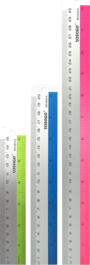 Set of 3 Aluminum Rulers of 6”, 8”, 12” in Inch and cm Scale W/Hanging Hole (Random Color)