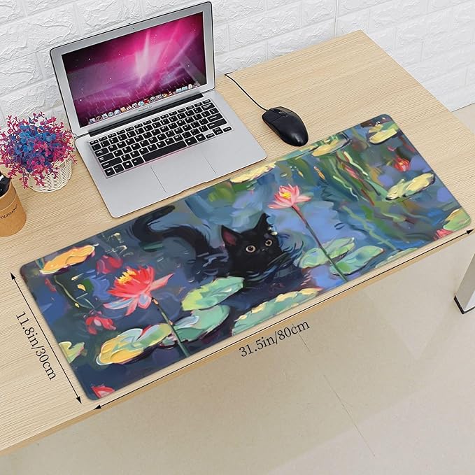 Cute Black Cat Lotus Gaming Mouse Mat Extended Large XL Mouse Pad Desk Mat Non-Slip Rubber Mice Pads Stitched Edges for Office and Home,31.5 X 11.8 X 0.12 Inches