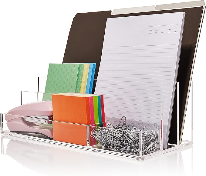 Acrylic Desk Organizer for Office Supplies and Desk Accessories, 12.5” x 5.5” x 4” and 5mm Acrylic Valet to Organize Documents, Files, Mail, Paper Clips, Sticky Notes, Tablet, Other Storage (Clear)