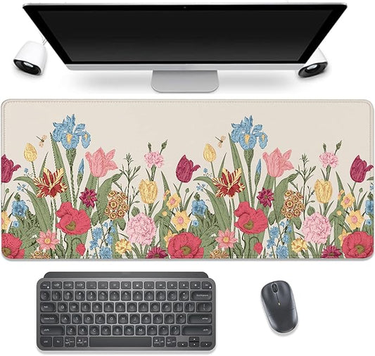 Spring Flowers Desk Pad Mouse Pad,Large Gaming Colorful Floral Mouse Mat with Stitched Edges,Non-Slip Waterproof Rubber Base Mousepad for Office Work Home Desk Mat(27.5X11.8 in)