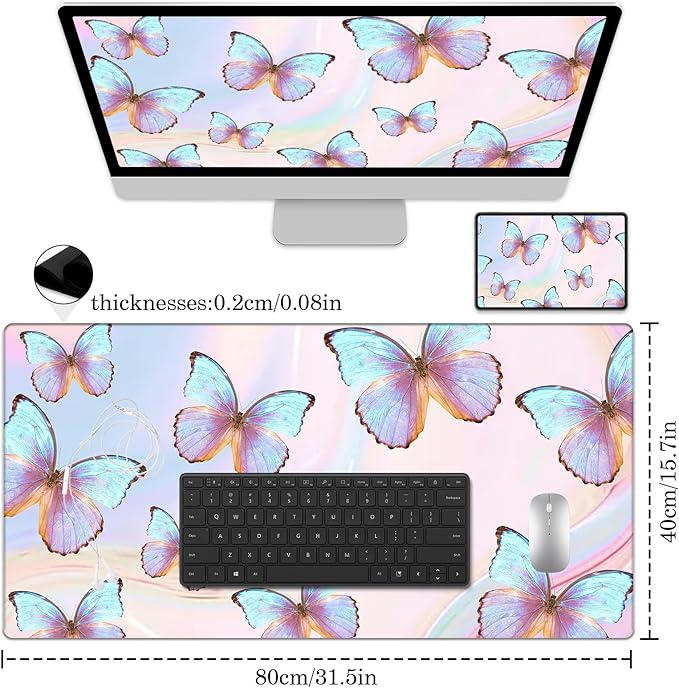 Butterfly Desk Pad Protector, Stitched Edges Mouse Pad, Large Office Mat, Non-Slip Blotter, Laptop Pad, Writing Pad for Office and Home (31.5" x 15.7")