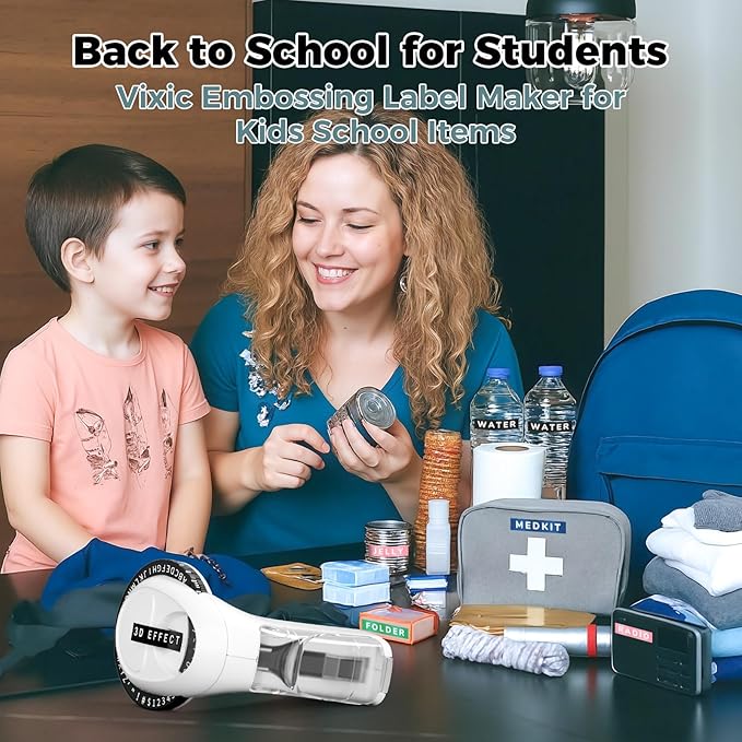 Vixic Embossing Label Maker Machine with Tapes, Vintage Retro Embossed Label Maker Punch, Old School Manual Embosser Labeler with 5 Rolls 3D 3/8" Emboss Black Tapes for Home DIY Kids School Items