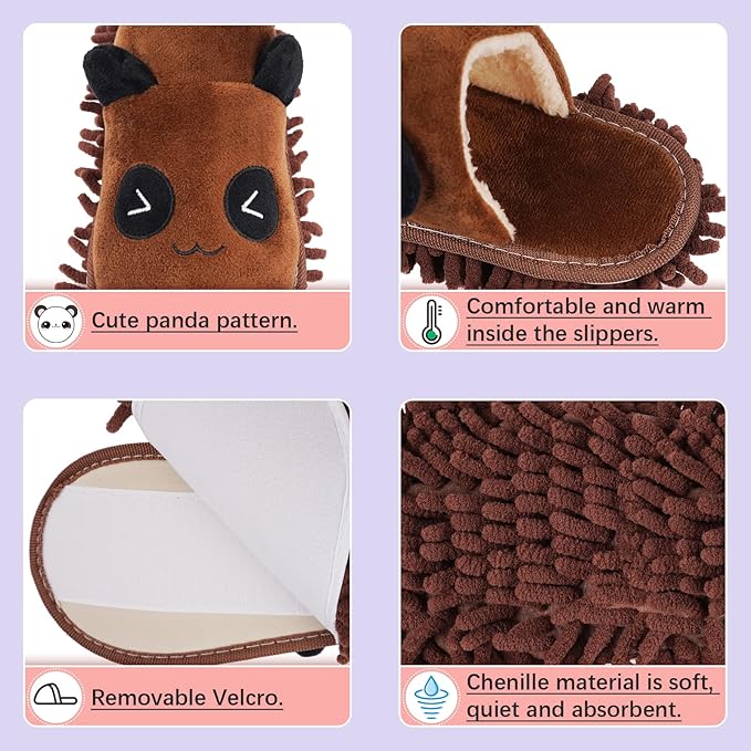 Liitrton 1 Pair Detachable Mop Slippers Shoes Microfiber Chenille Soft Comfortable Dust Dirt Hair Cleaner for Room Bathroom Kitchen Office (Brown Panda)