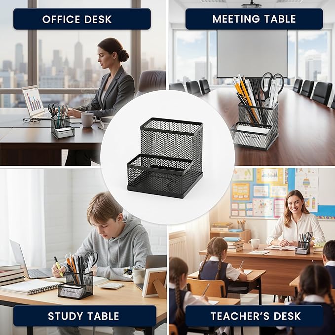 Pen and Business Card Holder for Desk | Black Mesh Desk Organizer Pencil Holder | Minimalist Desk Pencil Holder & Black Wire Desk Organizer for Tabletop | Table Top Stationary Organizer