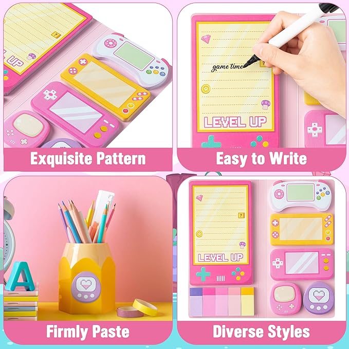 B1ykin Sticky Notes Set, Cartoon Theme Cute Self-Stick Notes Pad Teacher Appreciation Gifts， Self-Adhesive Writing Memo Pages Sticky to Do Notepad for Employee School Office (Pink Video Game)