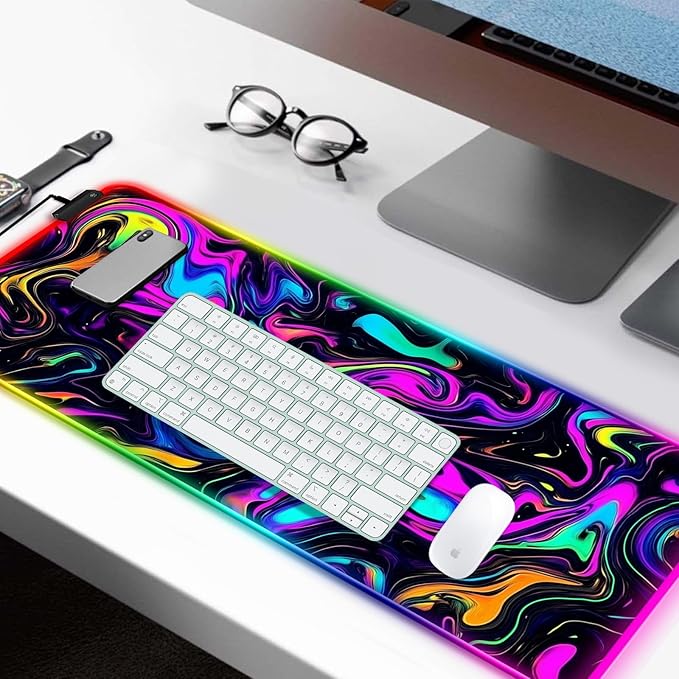 RGB Abstract Colorful Marble Swirl Fluid Gaming Desk Mat, Computer Keyboard Large Extended Long LED Mouse Pad for Office and Home, XL (W22)