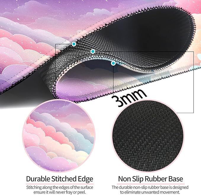 Dreamy Colorful Cloud and Star Gaming Desk Mat, Computer Keyboard Large Extended Long Girly Mouse Pad for Office and Home, XL (W08)