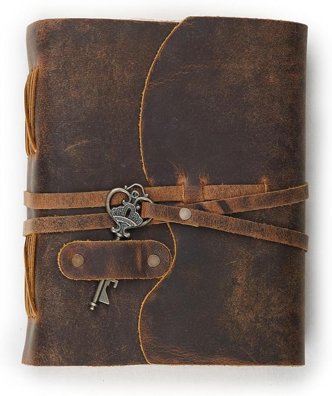 LEATHER VILLAGE Vintage Leather Journal – 200 Handmade Vintage Deckle Edge Paper – Leather bound Journal For Women Men – Vintage Key Closure - Book of Shadows - Cappuccino Brown - 8X6 inches (A5)