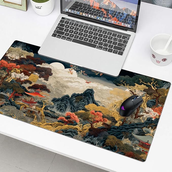 Chinese Style Desk Pad Protector, Stitched Edges Mouse Pad, Large Office Desk Mat, Non-Slip Desk Blotter, Laptop Desk Pad, Desk Writing Pad for Office and Home (31.5" x 15.7")