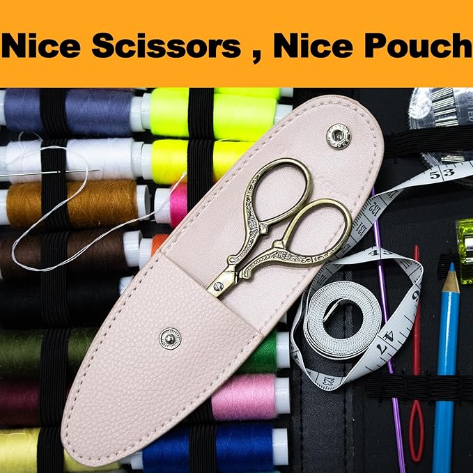 3.6 inch Sewing Embroidery Scissors, Straight Sharp Stainless Steel Sharp Scissors with leather sheath cover,DIY tools for Threading Needlework Dressmaker Artwork Everyday Use (Bronze)