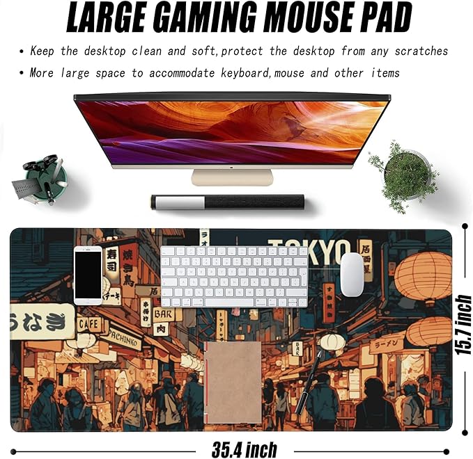 Large Gaming Mouse Pad, Japan Tokyo Yokocho Vintage Street Desk Mat for Desktop, Non-Slip Rubber Base Stitched Edges Long Computer Keyboard Mouse Mat Desk Pad for Home Office 35.4"X15.7"