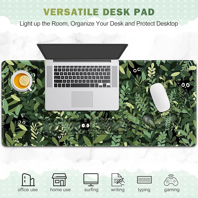 Large Desk Mat, Cute Anime Cats Gaming Mouse Pad, Desk Pad Protector, XXL Mousepad + Keyboard Wrist Rest+Mouse Wrist Rest+Coaster Set with Ergonomic Desk Pad for Home Office PC Computer, Green Leaves