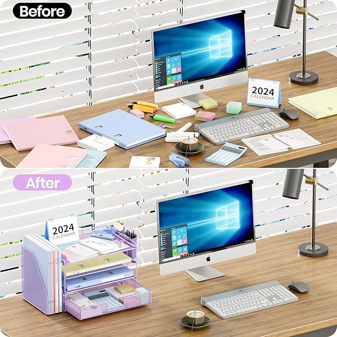 Desk Organizer and Accessories, 4-Tier Desktop File Organizer with Drawer and 2 Pen Holders, Office Desk Accessories for Office Supplies(Purple)