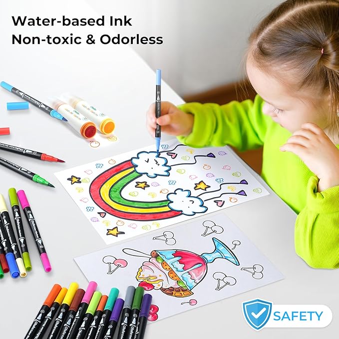 Ohuhu Markers for Adult Coloring Books No Bleeding 160 Colors Coloring Markers Water-based Dual Tips Fineliner & Brush Drawing Pens Art Pens for Kids Adults Sketch Journal - Maui - Black