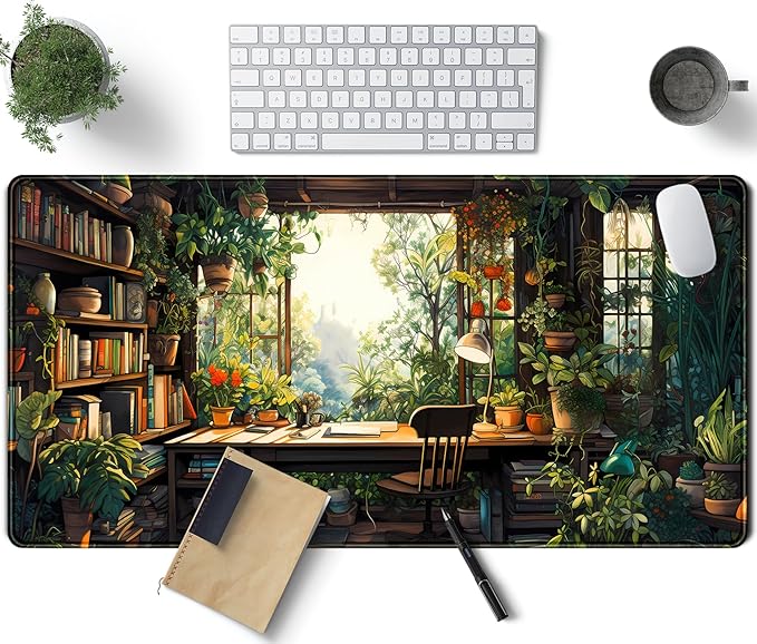 Green Plant Lovers Cute Desk Mat, Kawaii Desk Pad XXL Large Extended Lofi Mouse Pad Gaming Anime Mousepad, Big Laptop Computer Keyboard and Mouse Mat for Girl Women Office Desk Decor 31.5x15.7 in