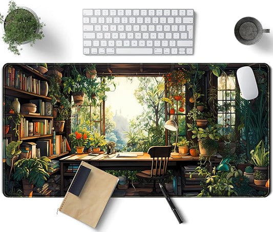 Green Plant Lovers Cute Desk Mat, Kawaii Desk Pad XXL Large Extended Lofi Mouse Pad Gaming Anime Mousepad, Big Laptop Computer Keyboard and Mouse Mat for Girl Women Office Desk Decor 31.5x15.7 in