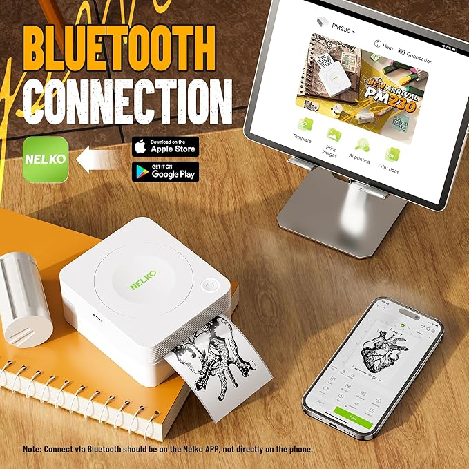 Nelko Sticker Printer, PM230 Print Pod Mini Bluetooth Portabel Sticker Maker with 3 Rolls Paper, Print Pods Mini Printer with Multiple Templates for Phone & Tablet，for School Office Home, White