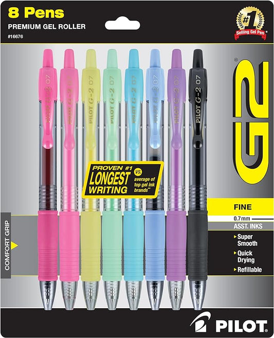 Pilot G2 Premium Gel Pens, Gel Roller Pens, Fine Point 0.7 mm Assorted Colors Pack of 8
