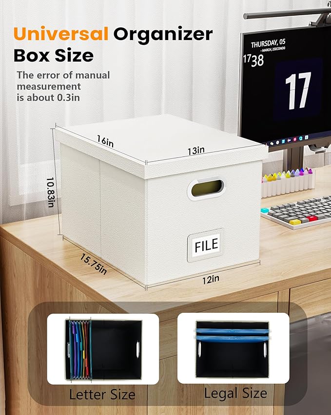Oterri File Organizer Box,Filing Box with Lid,File Box for Letter/Legal File Folder Storage, Portable Hanging File Box for Office/Decor/Home,1 Pack, White(Leather),Box only