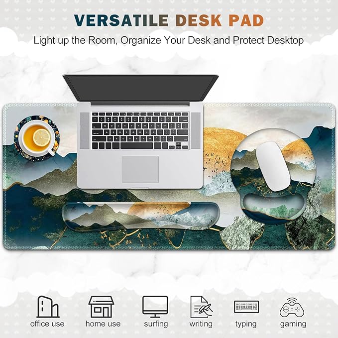 Gaming Mouse Pad, Large Desk Mat, Cute Desk Pad Protector, 4in1 XXL Mousepad +Keyboard Wrist Rest+Mouse Wrist Rest+Coaster Set with Ergonomic Desk Pad for Home Office Table Computer Green Mountain
