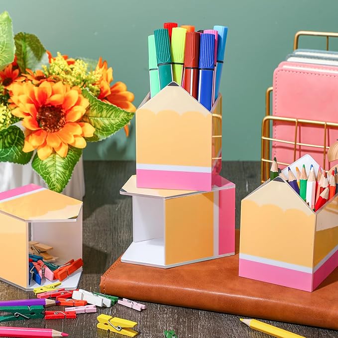 Sherr 10 Pcs Pencil Shaped Pen Holders, Acrylic Pencil Organizer Cups, Cute Creative Stationery Storage, Appreciation Gifts for Teacher Student School Classroom Office Home Desktop Supplies (Classic)