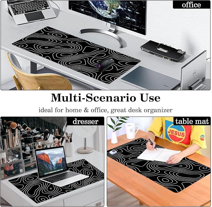 Black Topographic Desk Pad Protector, Stitched Edges Mouse Pad, Large Office Desk Mat, Non-Slip Desk Blotter, Laptop Desk Pad, Desk Writing Pad for Office and Home (31.5" x 15.7 ")