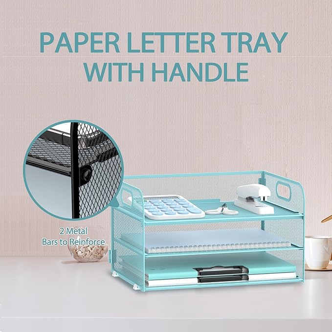 Supeasy 3 Tier Paper Organizer with Handle, Mesh Desk Organizer Letter Tray, Paper Tray File Organizer for A4 File Folder, Blue