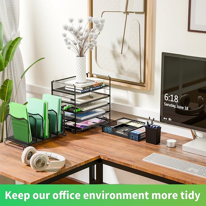 Simple Trending 5 Tier Mesh Desk File Organizer, Paper Letter Tray File Holder with Sliding Drawer Organizer for Office Home, Black