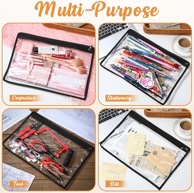 Outus 8 Pcs Clear Zipper Pouches Pencil Pouches PVC Makeup Pouch Envelopes Folder Storage Multi Purpose Pouch Document File Organization Bags, Office Supplies (Black Edging,15.3 x 10.8 Inch)