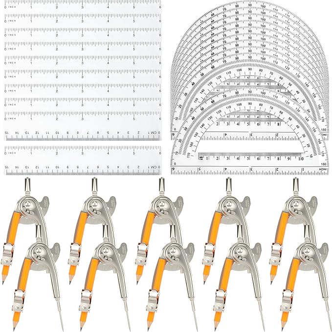 40 Pieces Geometry Math Set Compass for Geometry Math Compass and Protractor Set Include Metal Compass with Pencil Plastic Ruler and Protractor for Student School Office Woodworking Drawing Tools