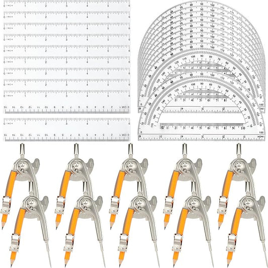 40 Pieces Geometry Math Set Compass for Geometry Math Compass and Protractor Set Include Metal Compass with Pencil Plastic Ruler and Protractor for Student School Office Woodworking Drawing Tools