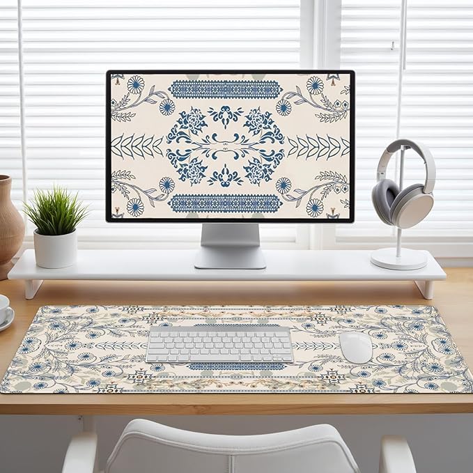 Beige Mouse Pad Desk Mat, Large Floral Desk Matt for Desktop, Cute DeskPad Mat, XXL Big Mouse Pad for Desks, Anti-Slip Mousepad with Stitched Edges, Keyboard Pad MouseMat Cover for Computer 35.4×15.7