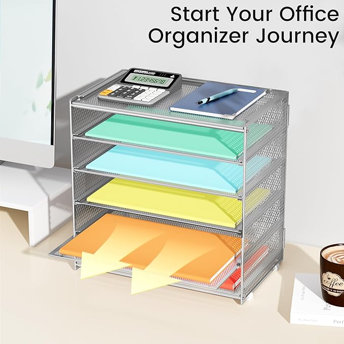 6 Tier Paper Organizer, Metal Mesh Desk File Folder, Letter Tray Organizer, Paper Sorter Desk Organizers for Office, Home or School File Folder Holder - Silver