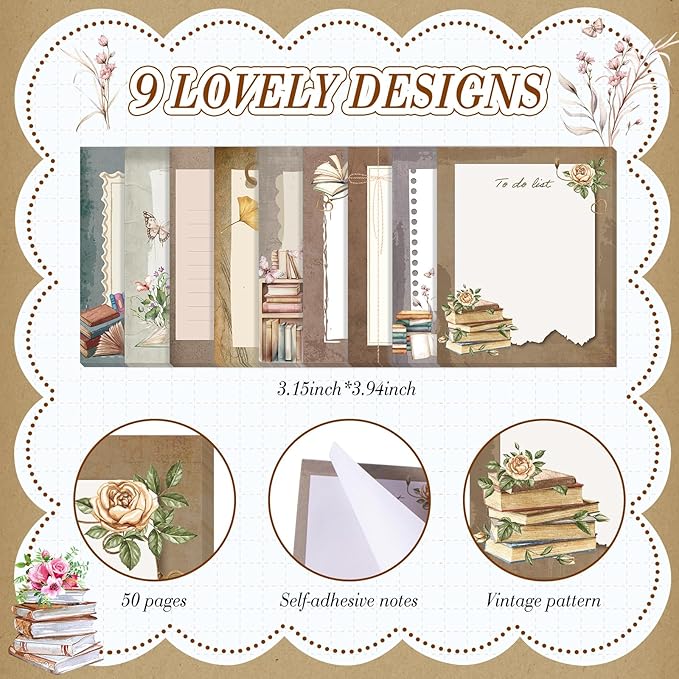 Sabary 9 Pads Cute Sticky Notes Animal Sticky Note Pads 3.15 x 3.94 Inches Colored Adhesive Memo Reminder Decor for Journal School Office Gifts(Book Lover)