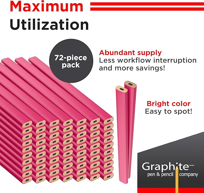 GRAPHITE Hard Lead Carpenter Pencils Bulk - (72) Pieces Lumber Wooden Pencil #2 (HB) - Neon Pink