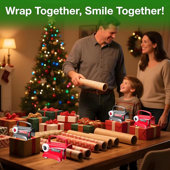 (2-Pack) Wheel Wrapping Paper Cutter & Tape Dispenser with 4 Tapes，2 Replace Blades Kit for Christmas Gift Wrap Cutter Tool Paper Roll Holder Tube Sliding Slicing for Birthday Holiday.