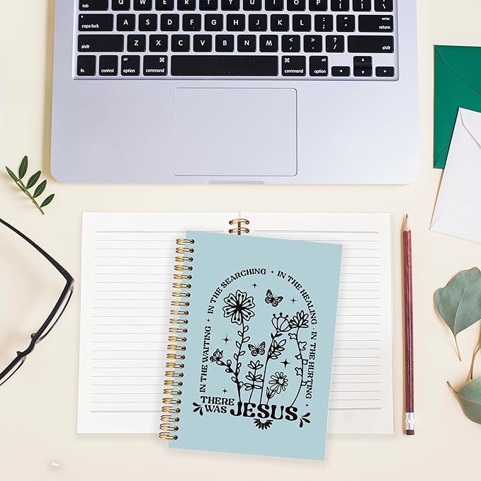 BearCake Boho Floral Christian Notebook Journal, Christian Gifts for Women, Bible Notebooks for Note Taking, Bible Journaling Notebook, Where the Jesus Hardcover Spiral Notebook 5.5x8.3 blue