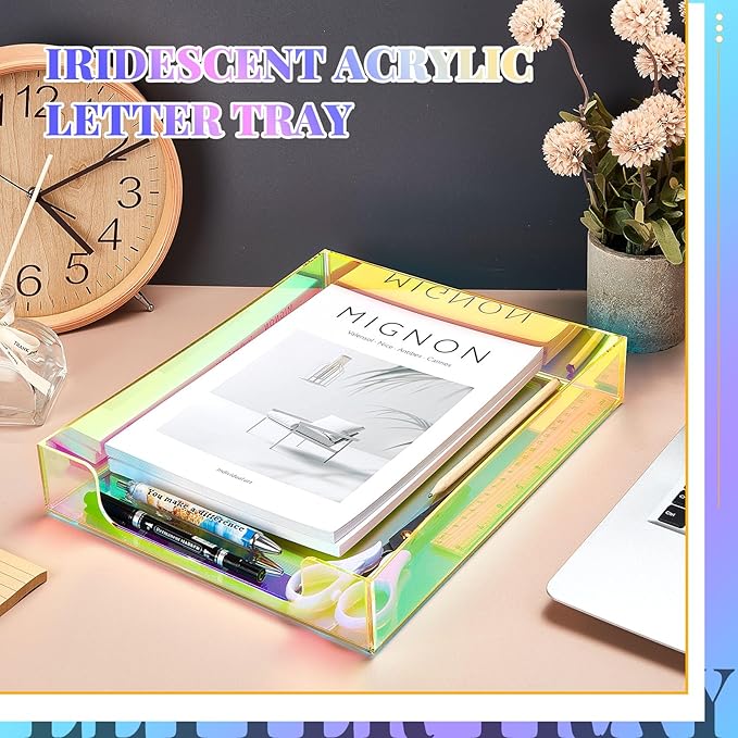 Maxcheck 2 Pcs Iridescent Acrylic Letter Tray Organizer Stackable Desk Paper Tray with Non Slip Rubber for Office Accessories Desk File Document Folder Notebooks Stationery