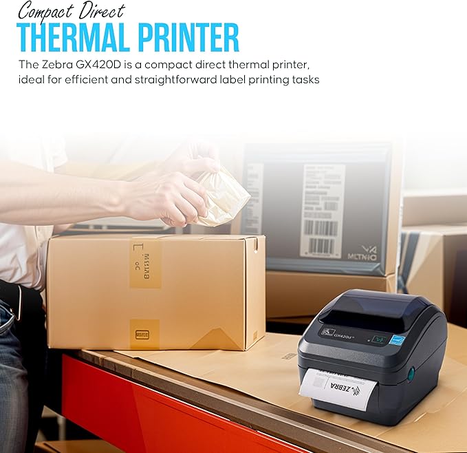 GX420D Zebra Direct Thermal Label, Receipt & Barcode Printer - with USB 2.0 Cable, 4x6 Label Roll, 24V - USB, Serial and Ethernet Connectivity (Renewed)