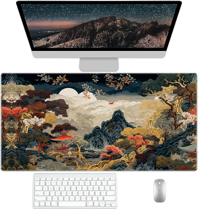Chinese Style Desk Pad Protector, Stitched Edges Mouse Pad, Large Office Desk Mat, Non-Slip Desk Blotter, Laptop Desk Pad, Desk Writing Pad for Office and Home (31.5" x 15.7")