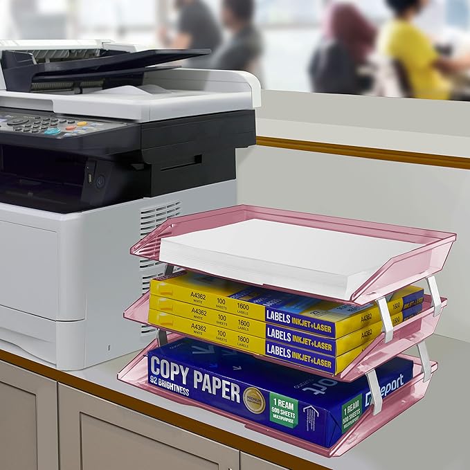 Acrimet Facility 3 Tier Letter Tray, Side Load, Letter Size/A4, Desktop File Organizer, Plastic (Clear Pink Color)