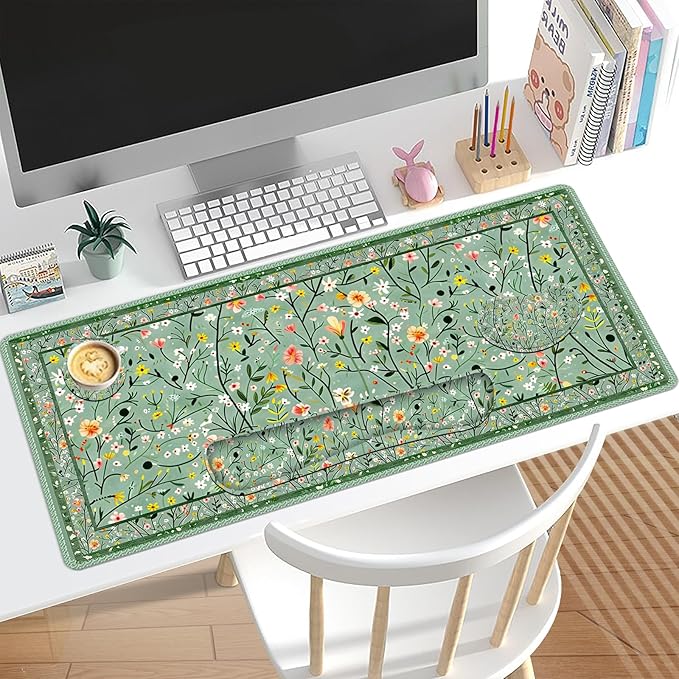 Floral Desk Mat, 4in1 Large Mouse Pad with Wrist Rest, Anti-Slip Desk Pad for Desktop, XXL Ergonomic Mousepad with Wrist Support for Keyboard and Mouse, Green Art Flowers
