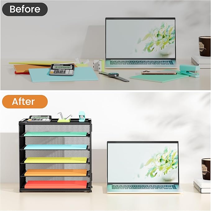 Paper Organizer Storage for Desk Accessories & Workspace Organizers 6 Tier Letter Tray Desk File Organization Metal Mesh Paper Sorter for Office-Black