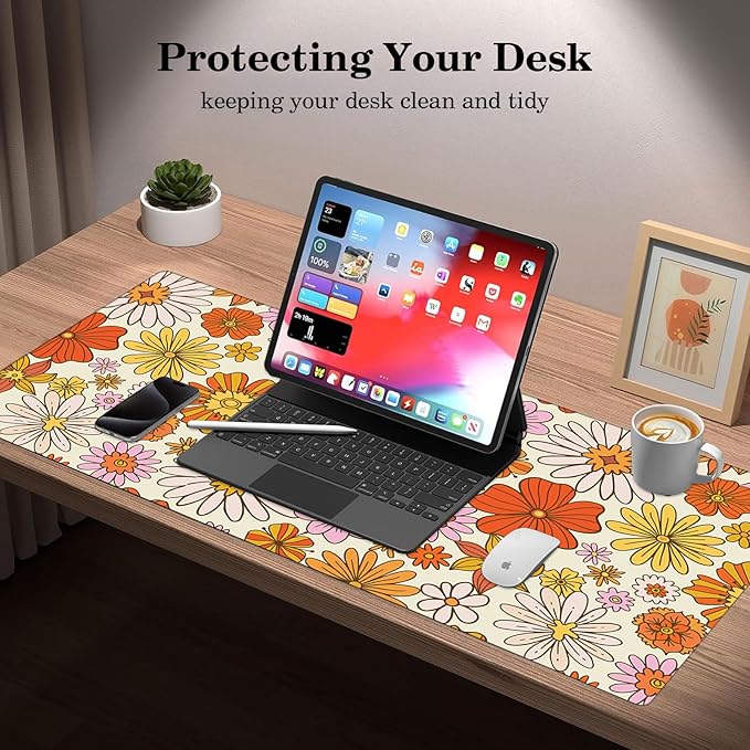 Orange Daisy Desk Protector, Stitched Edges Flower Mouse Mat, Large Office Mat, Non-Slip Blotter, Laptop Desk Pad, Floral Writing Pad for Office and Home (31.5" x 15.7")