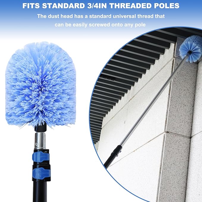 Big Cobweb Duster Head Twist-On Spider Web Fuster for Outdoor & Indoor Web Cleaning // Fits Standard 3/4 Inch Threaded Poles // Cobweb Duster Brush Head Only - Bule -1 Pack